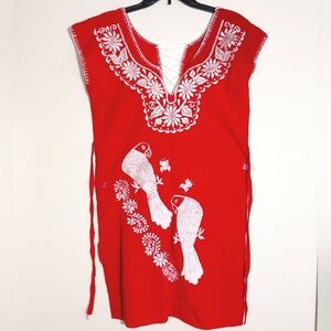 Handmade Red Embroidered Mexican Dress Tunic Birds Floral Sleeveless EUC